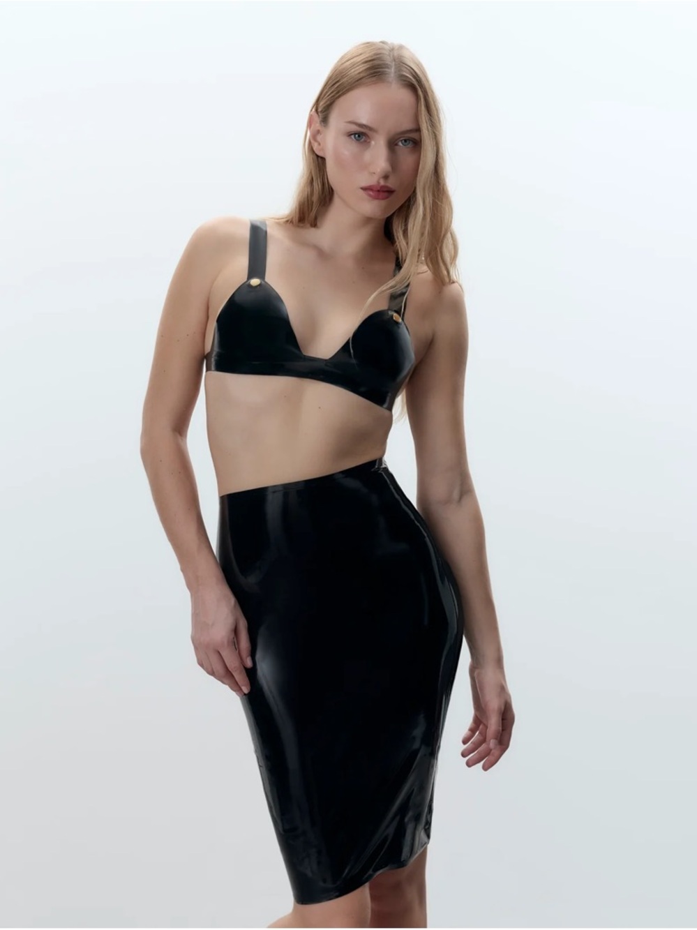 Bluebella Black Shiny Midi Pencil Skirt-LATEX